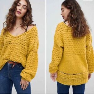 Free People Crashing Waves Sweater Open Knit Chunky Wool XS Boho